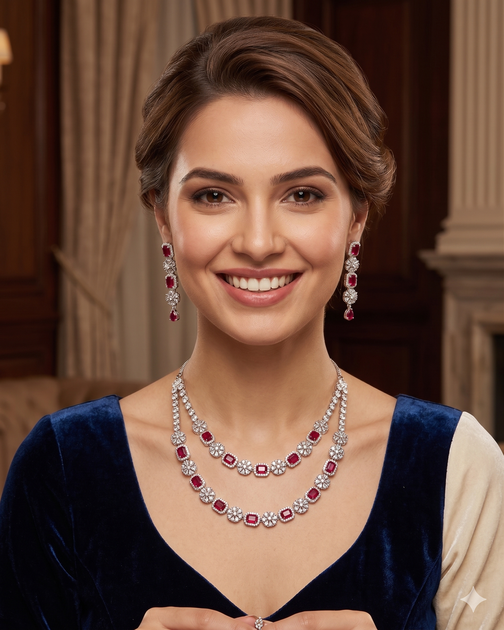 Silver-Plated Ruby Red Stone Jewellery Set for Women | Necklace, Earrings & Mang Tika Set | Wedding & Party Wear | Premium Designer Jewellery