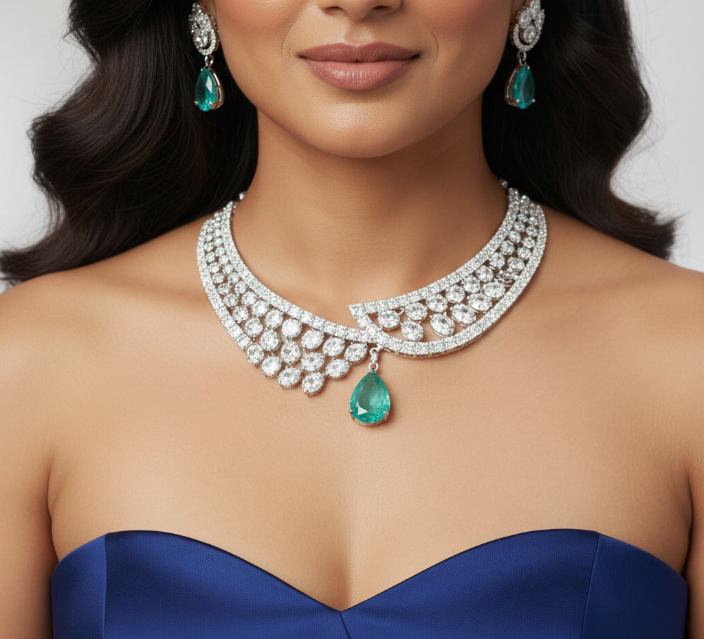 Silver-Plated Choker Necklace & Earrings Set for Women with Green Teardrop Stones | Bridal, Party, Wedding Jewelry | Cubic Zirconia Studded Designer Necklace Set