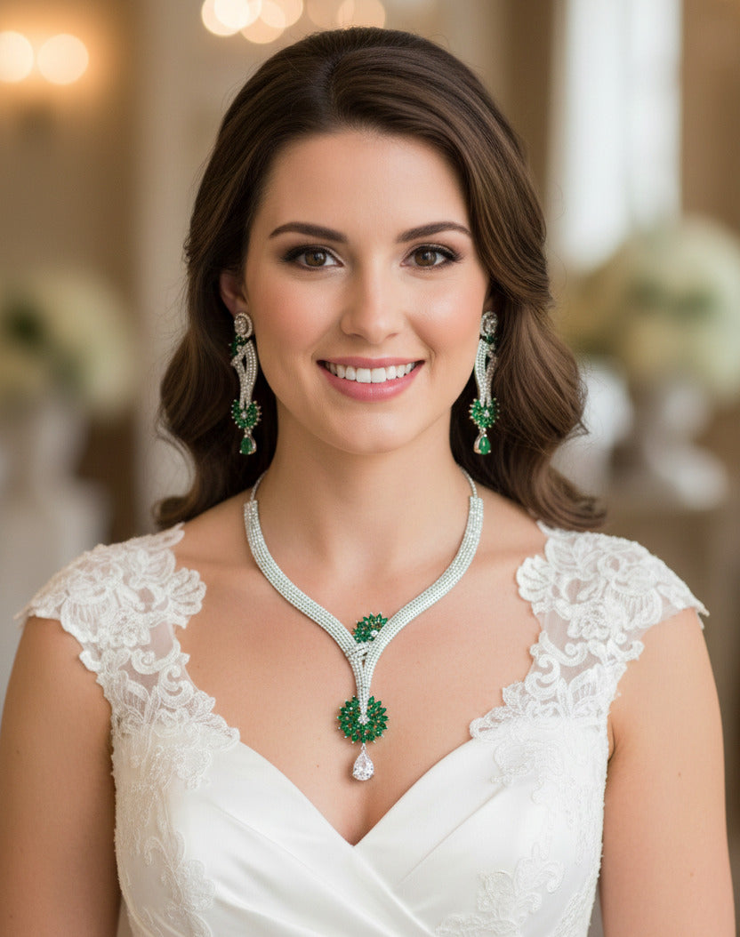 Luxury Silver-Plated Necklace & Earring Set for Women with Emerald Green Stones & Cubic Zirconia – Bridal, Party & Festive Jewelry Set