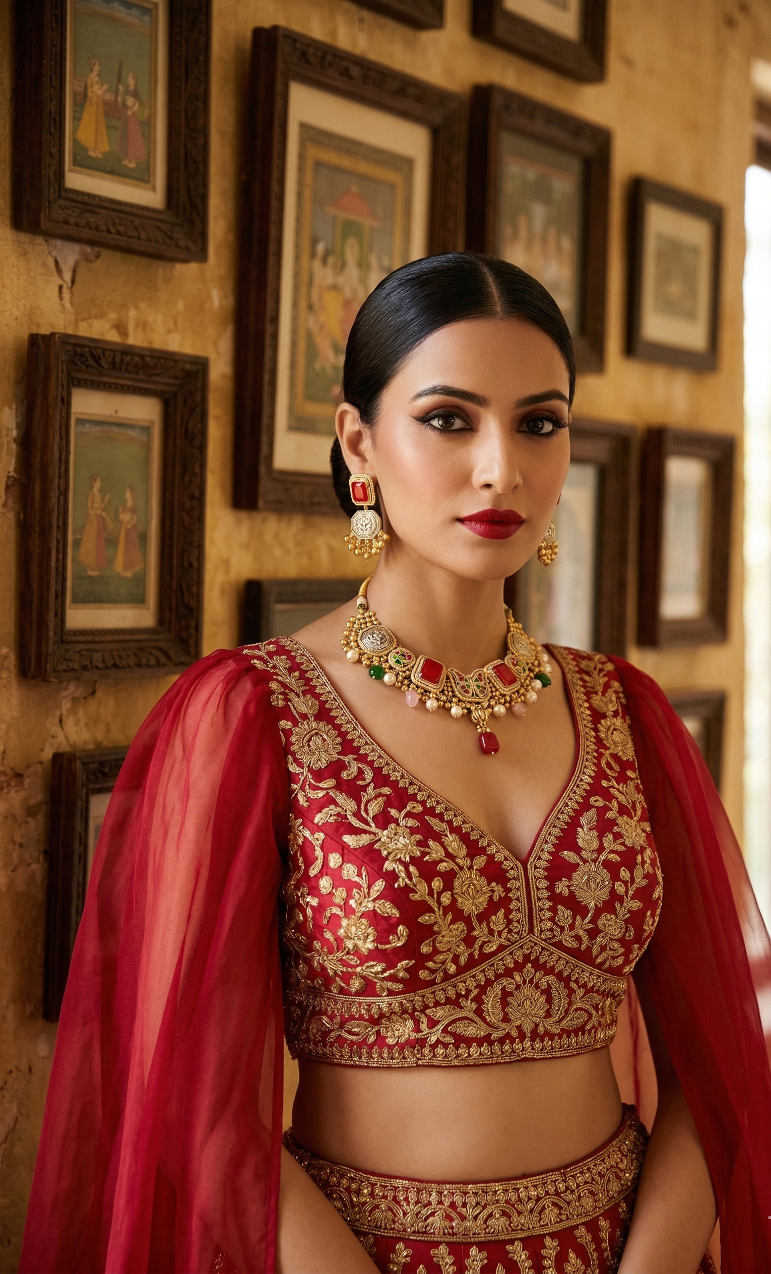 Traditional Red Stone Choker Necklace Set for Women | Gold-Tone Temple Jewellery with Matching Earrings | Bridal & Festive Wear