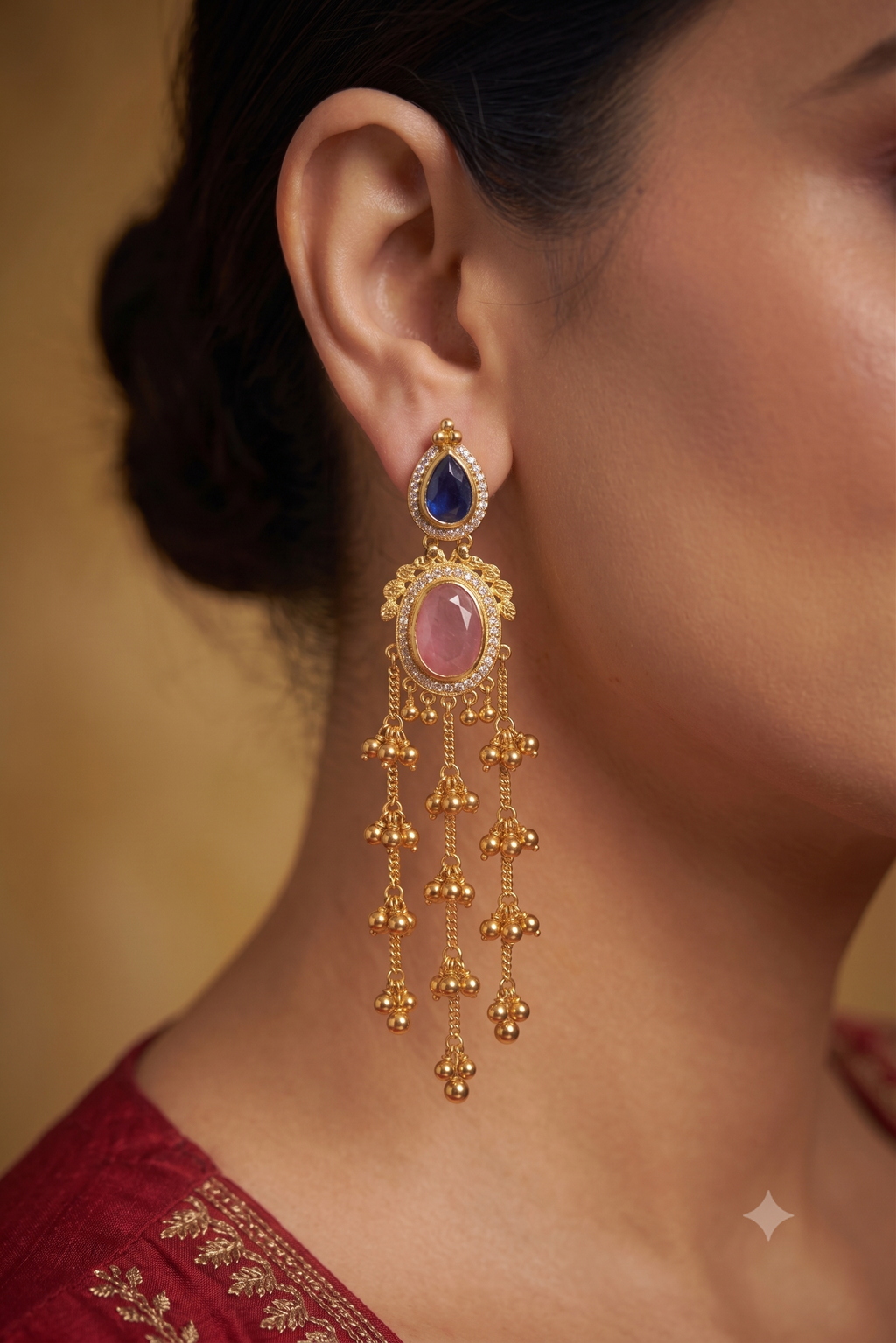 Gold-Plated Long Dangler Earrings with Pink & Blue Teardrop Stones | Traditional Ethnic Party Wear Earrings for Women & Girls