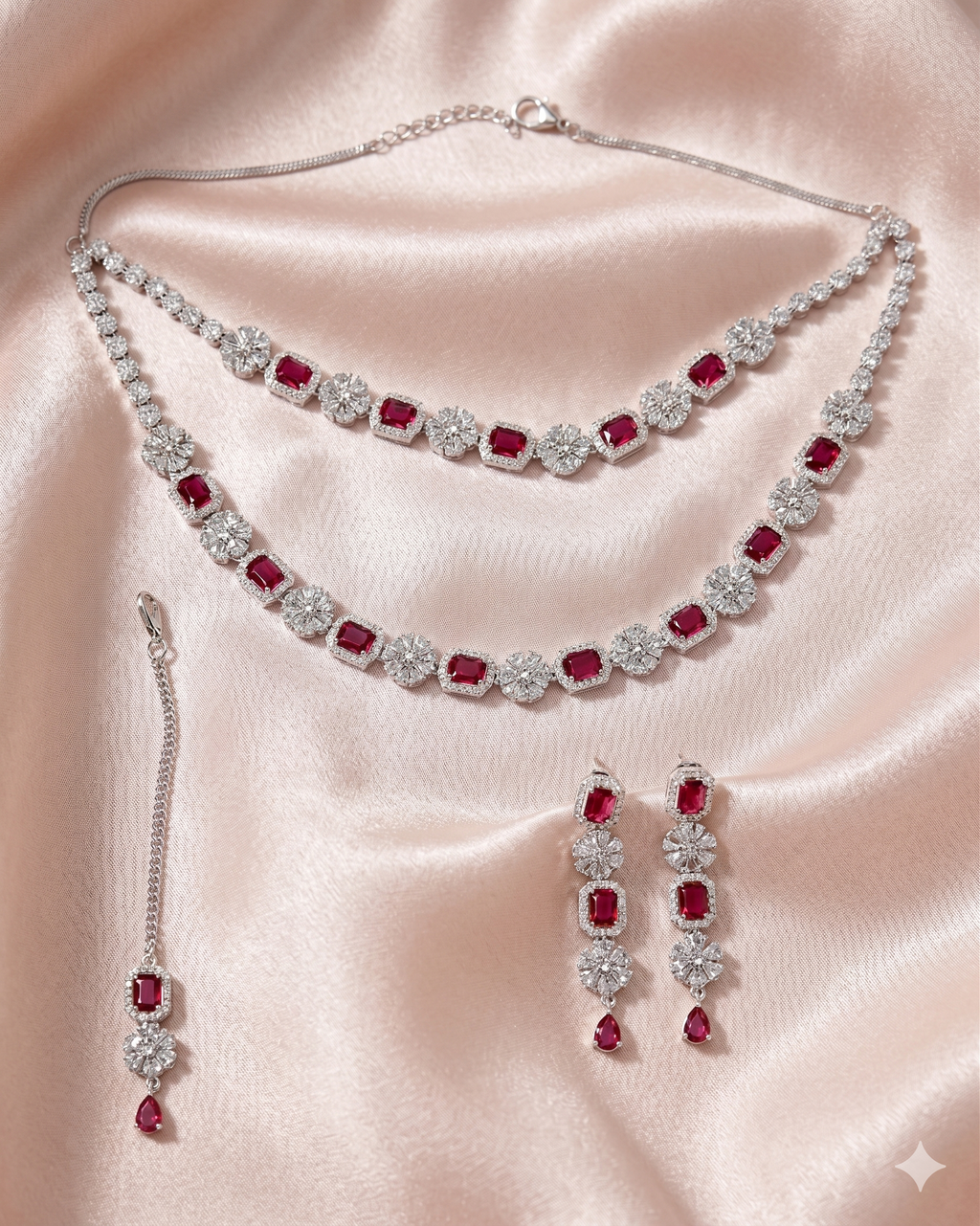 Silver-Plated Ruby Red Stone Jewellery Set for Women | Necklace, Earrings & Mang Tika Set | Wedding & Party Wear | Premium Designer Jewellery