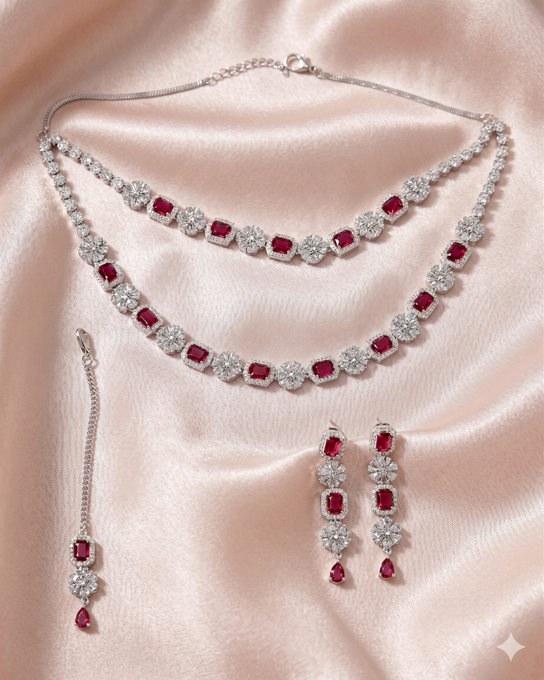 Silver-Plated Ruby Red Stone Jewellery Set for Women | Necklace, Earrings & Mang Tika Set | Wedding & Party Wear | Premium Designer Jewellery