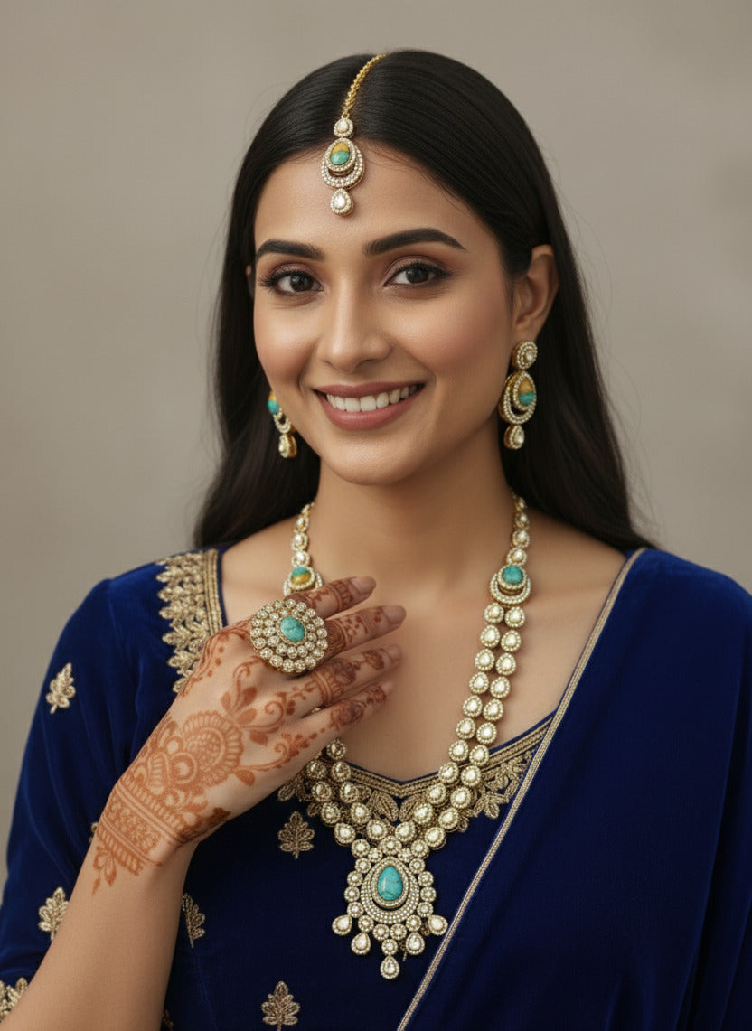 Traditional Kundan & Beaded Necklace Set for Women – Gold-Plated Bridal Jewelry Set with Earrings & Maang Tikka – Indian Ethnic Wedding Jewelry