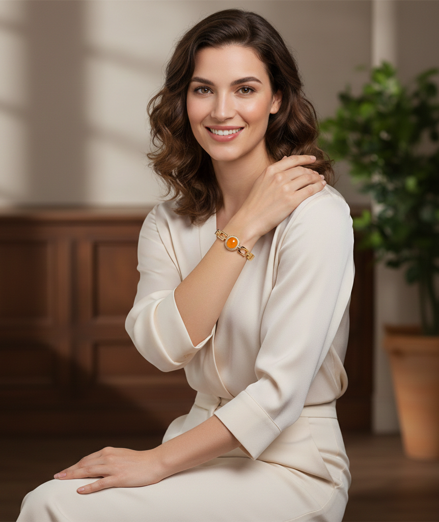 Gold-Plated Oval Amber Stone TARKISH Bracelet with CZ Halo | Adjustable Fashion Bangle for Women