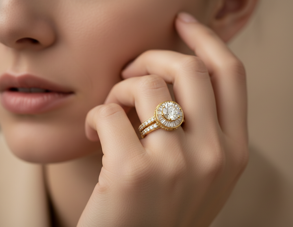 Adjustable Gold-Plated Solitaire Statement Ring for Women, Round Cut Crystal with Halo Design, Wedding & Party Jewelry