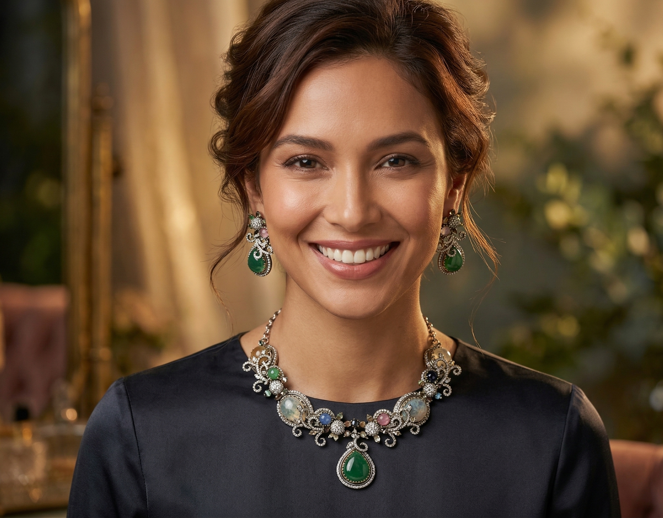 Vintage Multicolor Stone Necklace Set for Women with Earrings | Statement Green Pendant Jewellery Set | Party, Wedding & Festive Wear
