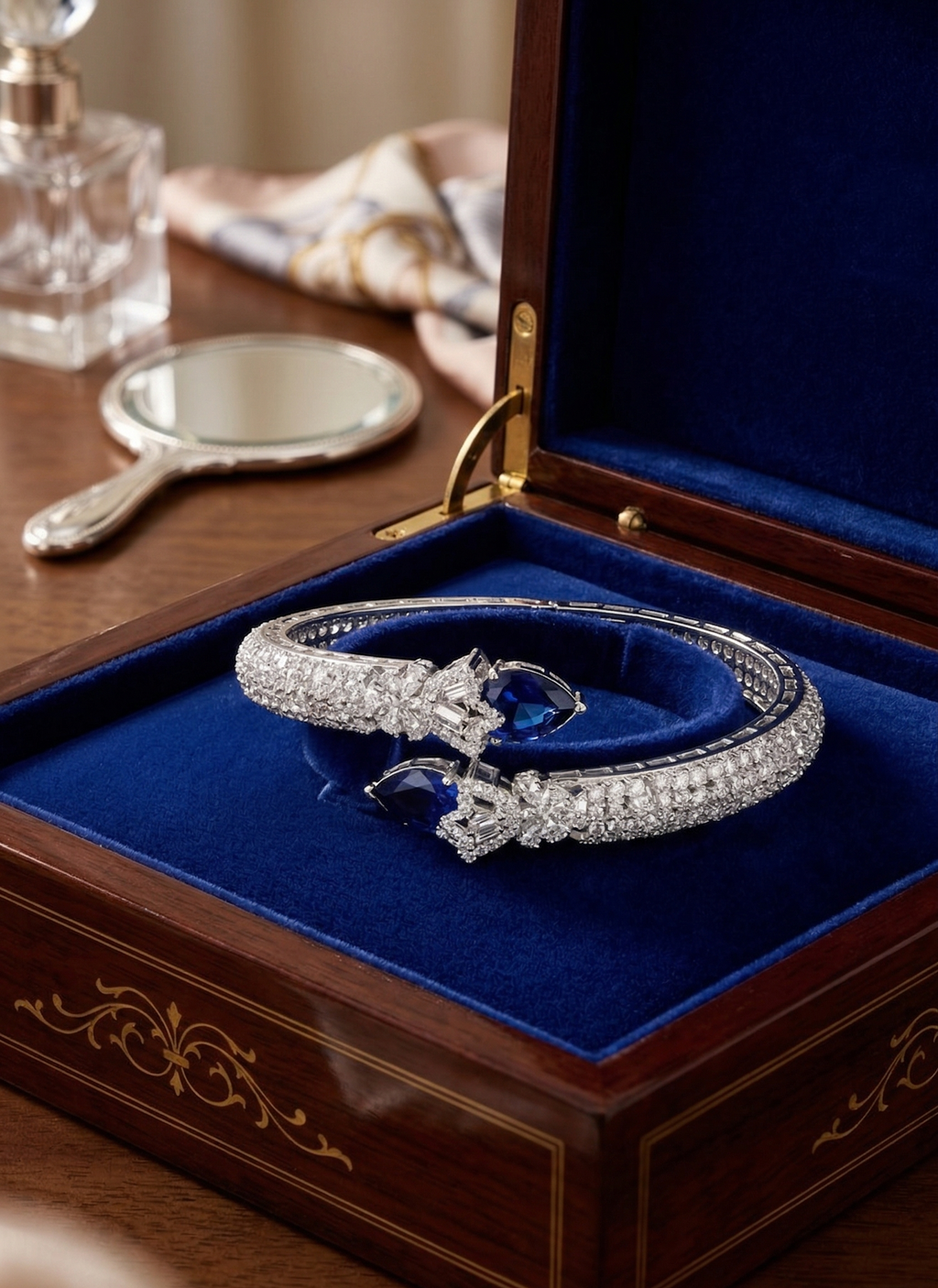 Elegant Blue Teardrop Crystal Bracelet for Women | Silver Plated Adjustable Kada Bangle | American Diamond Studded Designer Jewelry for Party & Wedding