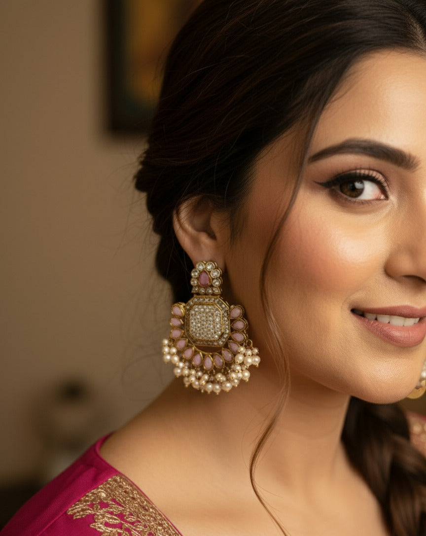 Kundan Pearl and Pink Stone Chandbali Earrings for Women & Girls