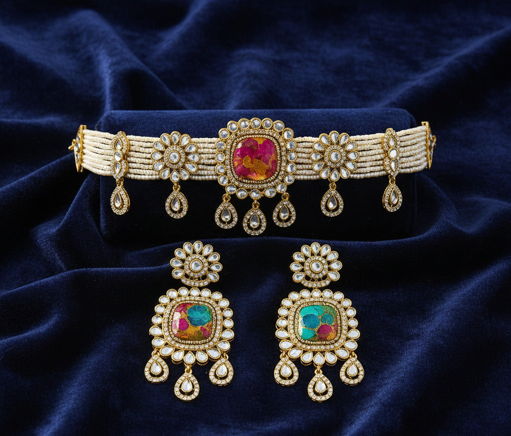 Traditional Kundan Pearl Choker Necklace Set with Matching Earrings | Bridal & Festive Jewelry | Gold-Plated Multicolor Stone Set for Women