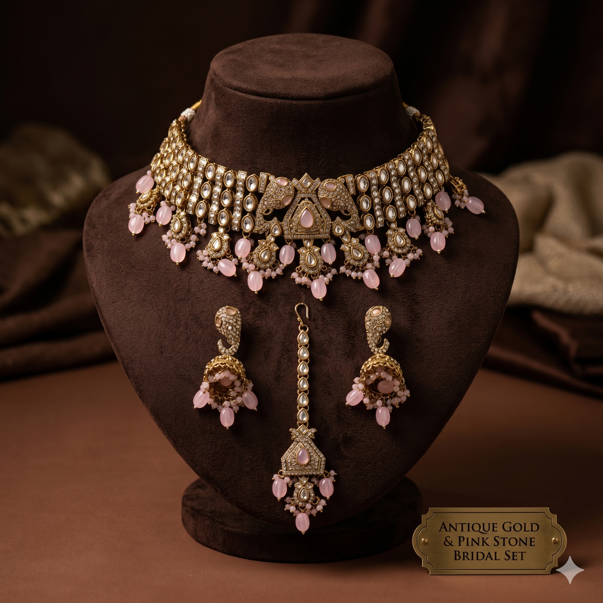 Pink Kundan Choker Necklace Set for Women | Traditional Bridal Jewelry Set with Matching Earrings & Maang Tikka | Gold-Plated Ethnic Wedding Jewelry