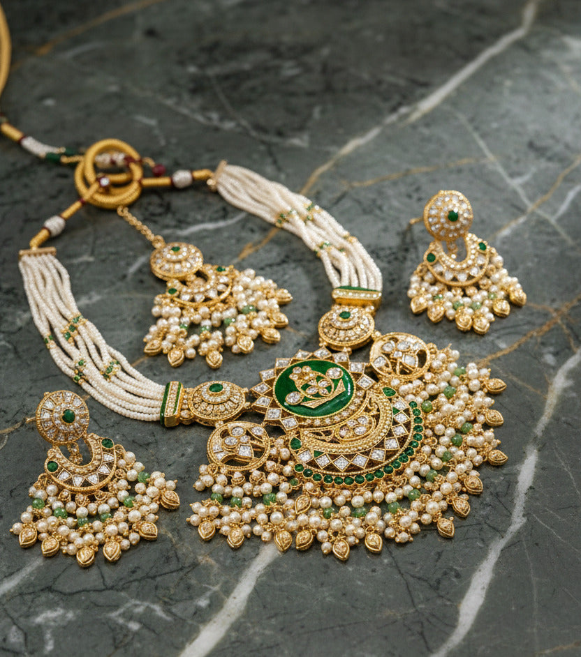 Traditional Kundan Bridal Necklace Set for Women | Green & Pearl Multi-Layer Wedding Jewelry with Matching Earrings