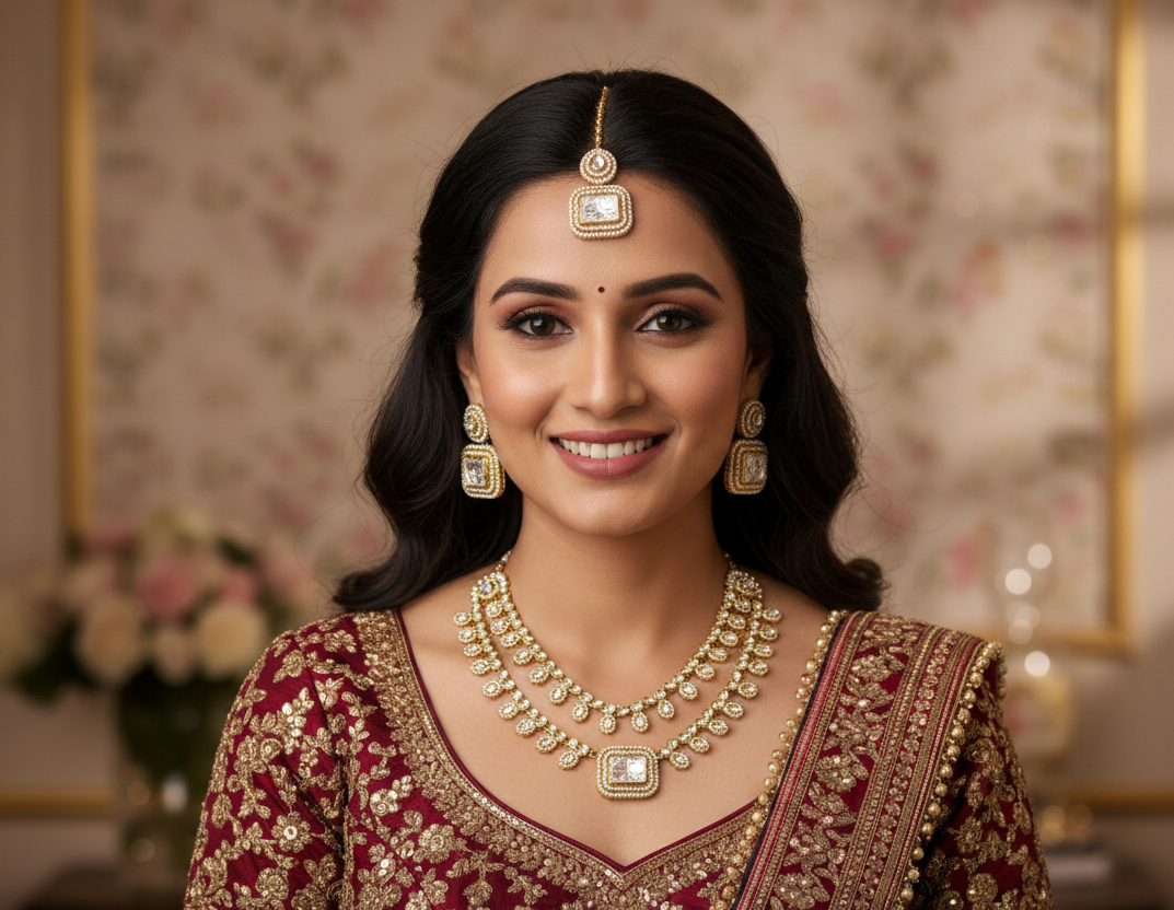 Traditional Gold-Tone Kundan two layer Necklace Set with Matching Earrings & Maang Tikka | Bridal & Festive Indian Jewelry Set for Women