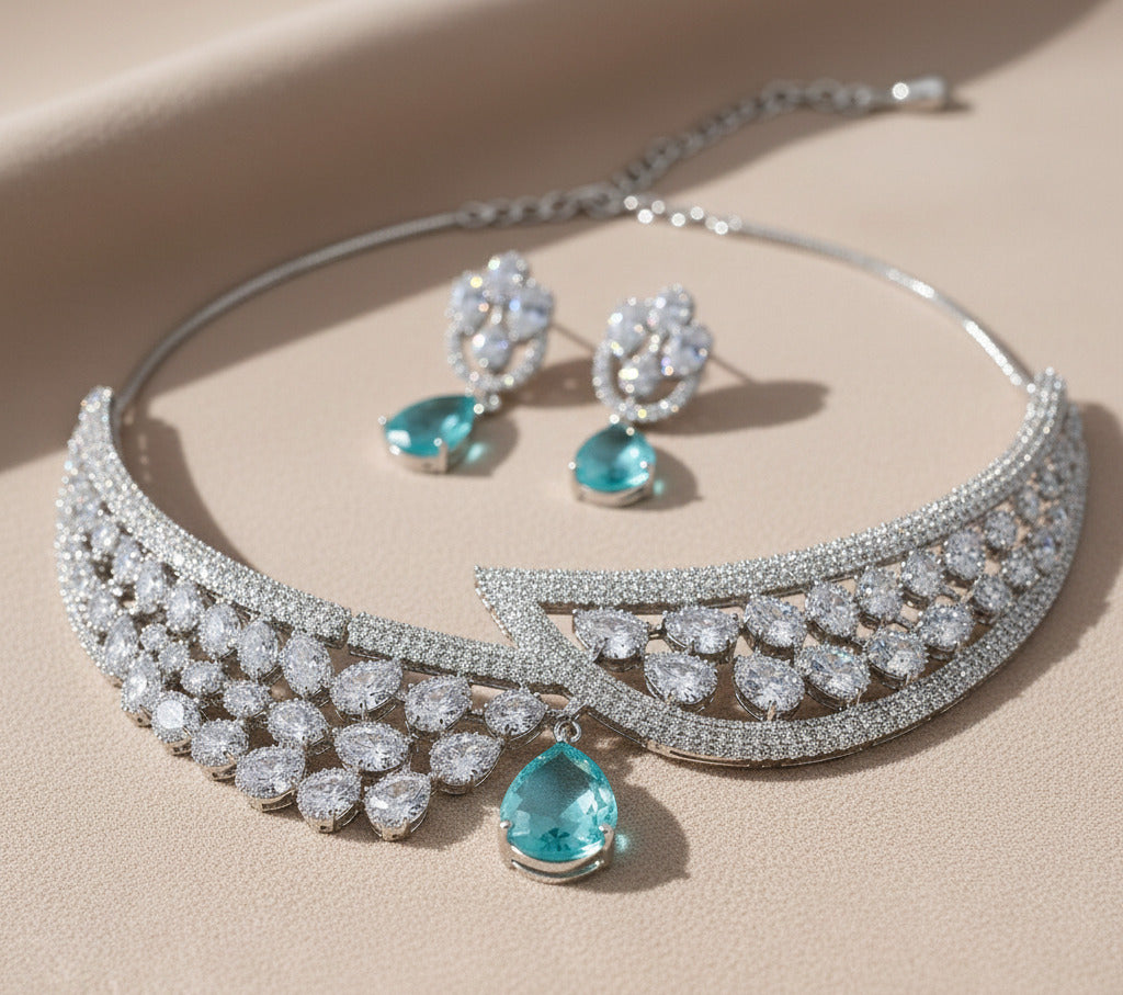Silver-Plated Choker Necklace & Earrings Set for Women with Green Teardrop Stones | Bridal, Party, Wedding Jewelry | Cubic Zirconia Studded Designer Necklace Set