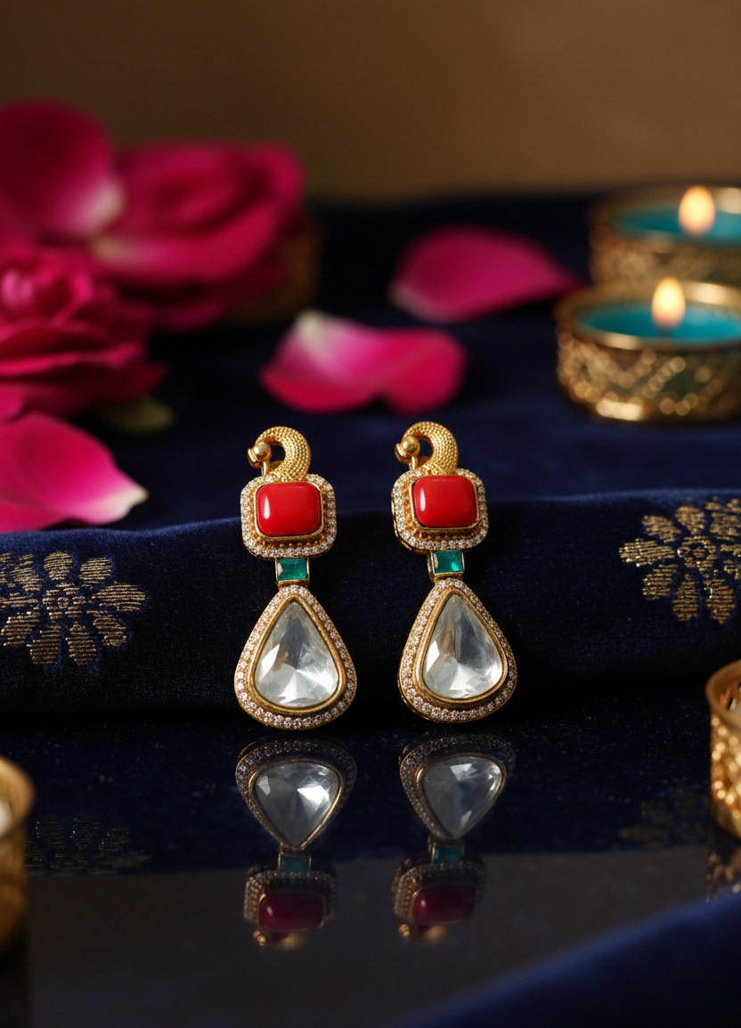 Gold-Plated Traditional Drop Earrings with Red & Clear Stones | Elegant Ethnic Statement Earrings for Women