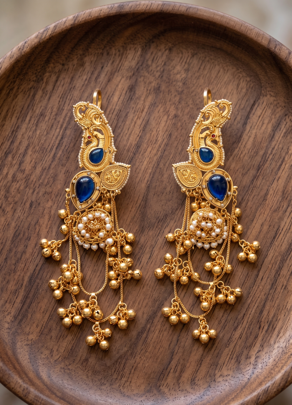 Traditional Gold-Plated Peacock Design Chandbali Earrings with Blue Stone & Pearl Tassels for Women | Ethnic Wedding Party Jewellery
