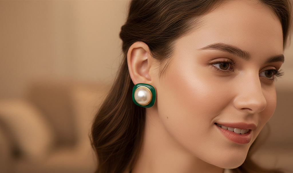 Green Enamel Pearl Stud Earrings for Women | Classic Round Imitation Pearl Earrings
