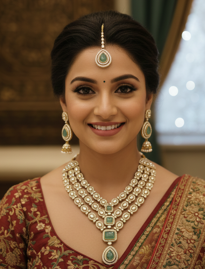 Traditional Kundan Necklace Set with Earrings for Women | Green Stone Bridal Jewellery Set | Ethnic Wedding & Festive Wear