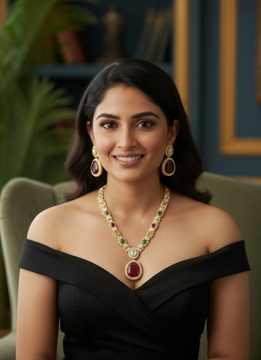 Traditional Multicolor Kundan Necklace Set for Women with Red Stone Pendant & Matching Earrings | Wedding, Bridal & Festive Jewellery Set