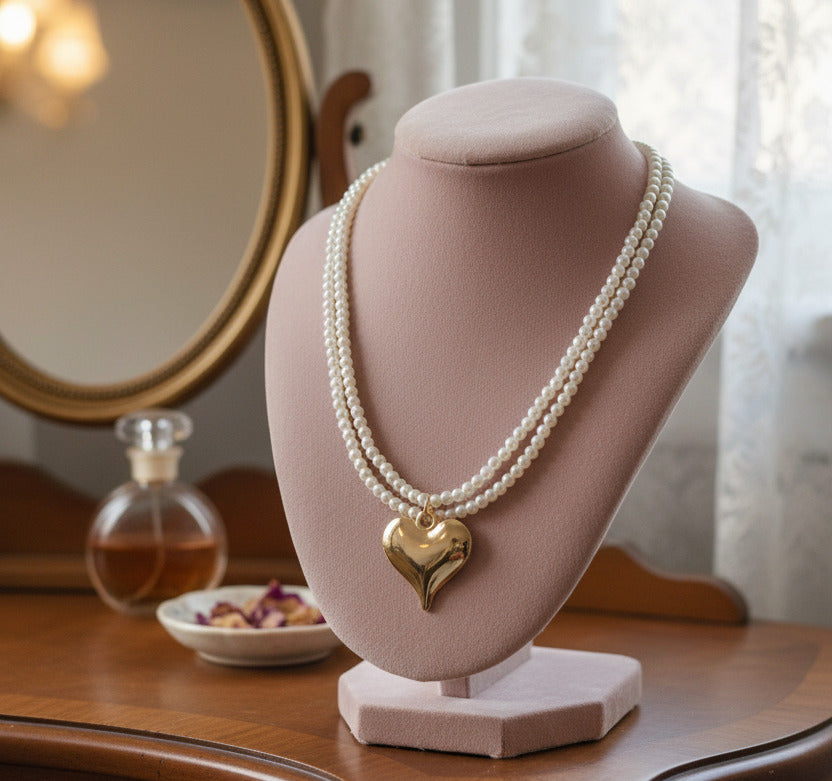 Veltreo International Double-Strand Pearl Necklace with Gold Heart Pendant for Women – Classic Faux Pearl Choker Jewelry
