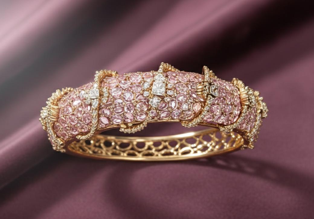 Gold Plated Pink Stone & CZ Diamond Studded Designer Kada Bangle for Women | Premium Bridal & Wedding Jewellery | Traditional Statement Bracelet