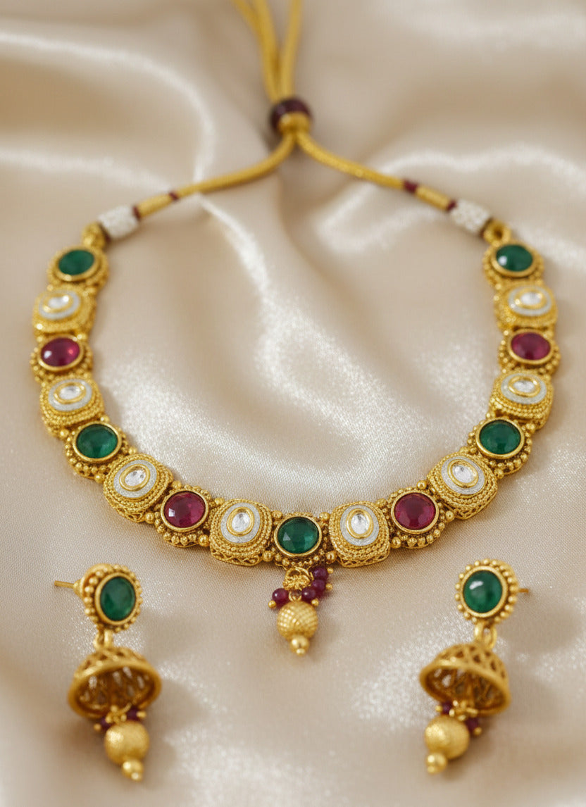 Traditional Gold-Plated Kundan Necklace Set for Women with Matching Jhumka Earrings | Green & Ruby Stones | Bridal & Festive Jewellery