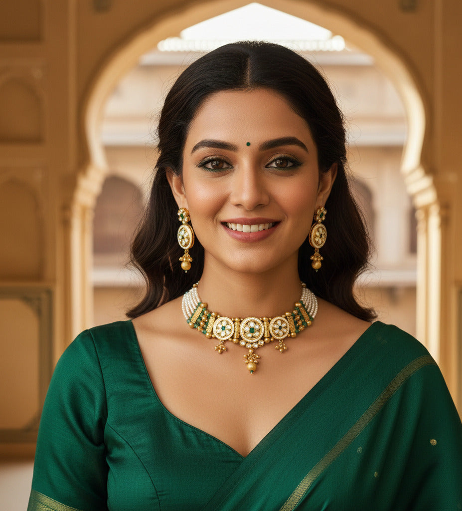 Traditional Gold-Plated Kundan Choker Necklace Set for Women with Earrings | Green & White Beaded Bridal Jewellery | Ethnic Wedding & Festive Wear