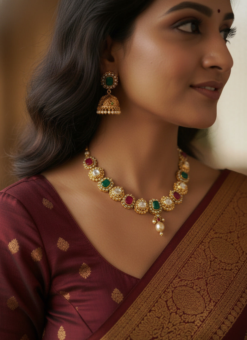 Traditional Gold-Plated Kundan Necklace Set for Women with Matching Jhumka Earrings | Green & Ruby Stones | Bridal & Festive Jewellery