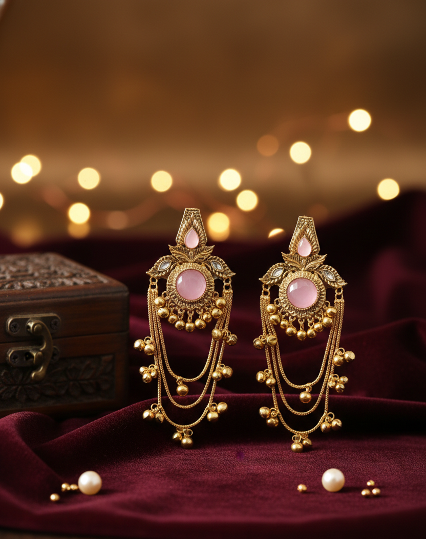 Traditional Gold-Plated Pink Stone Kashmiri  Earrings for Women | Antique Finish Ethnic Bridal & Festive Jewelry