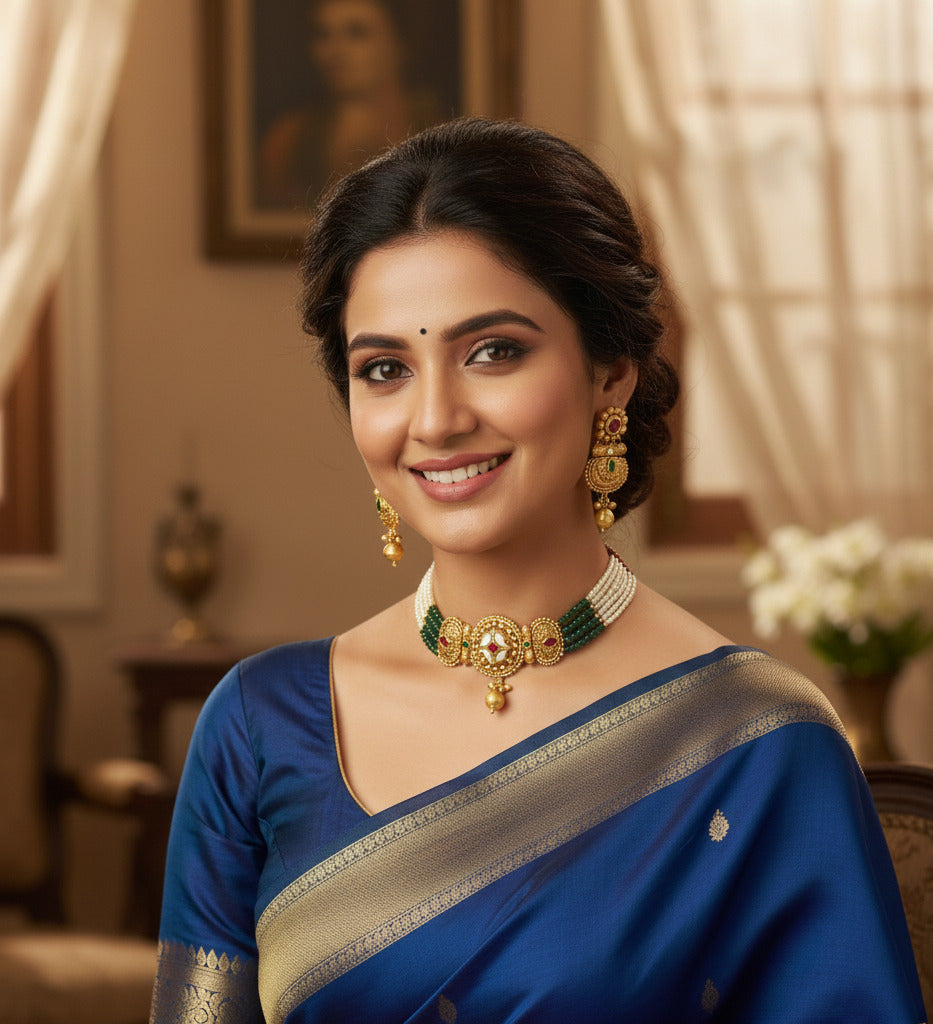 Traditional Kundan Pearl Beaded Choker Necklace Set for Women | Gold-Plated Bridal Jewelry with Matching Earrings | Festive & Wedding Wear Jewellery Set