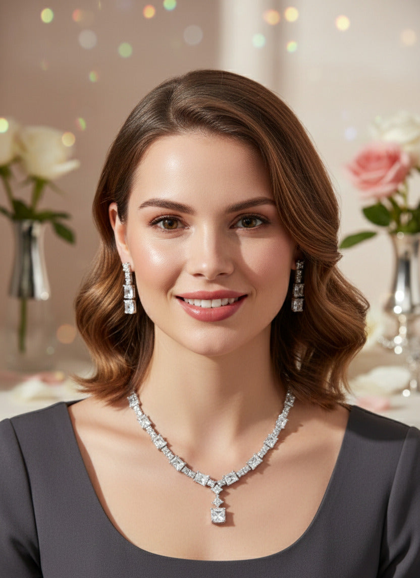 Elegant Silver Plated Necklace and Earring Set for Women | Cubic Zirconia Square Cut Bridal Jewelry Set | Wedding, Party & Special Occasion Gift Set