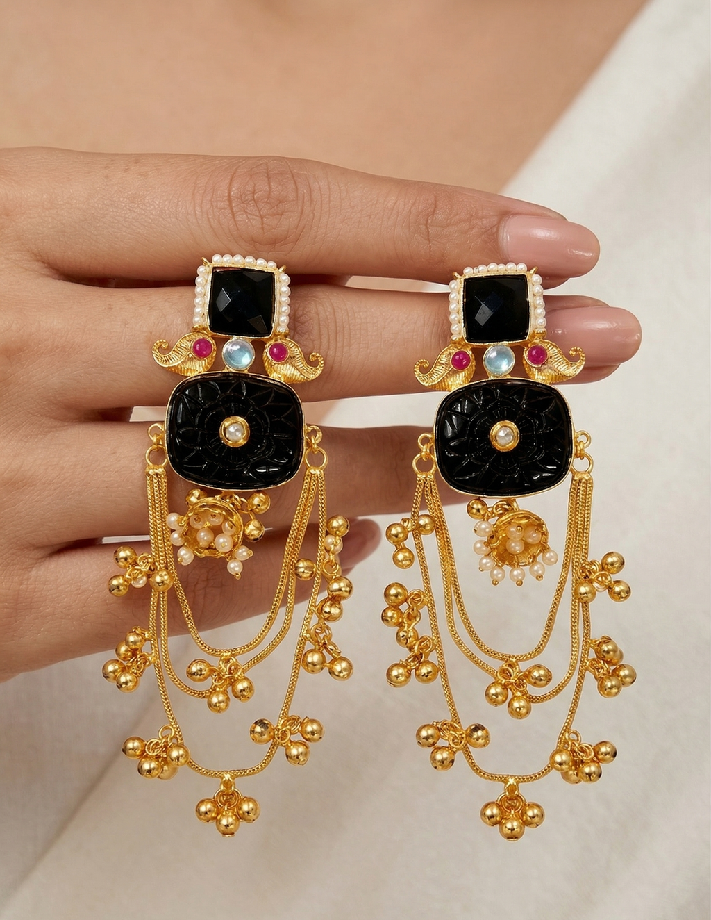 Gold Plated Black Stone Chandbali Earrings for Women | Traditional Ethnic Long Dangle Earrings with Beads | Wedding & Party Wear Jewellery
