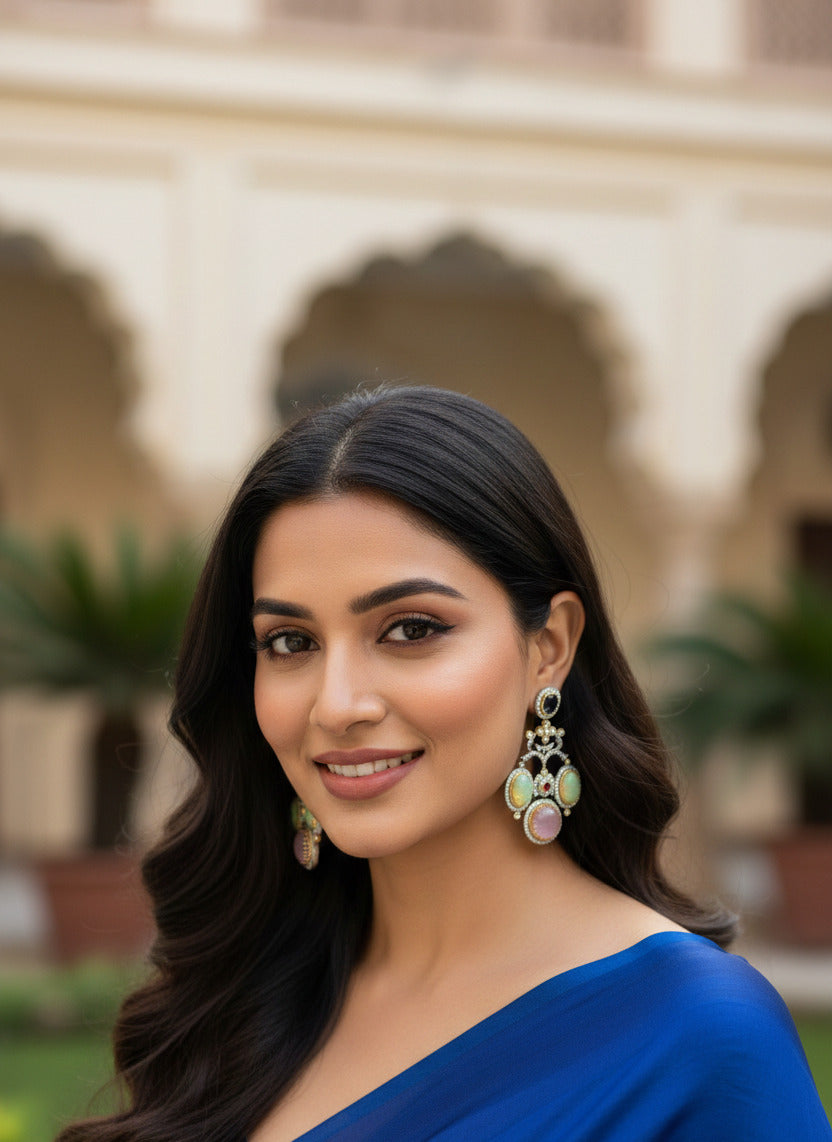 Vintage Chandelier Drop Earrings for Women with Multi-Stone Design – Opal, Purple Quartz & Sapphire Accents – Antique Silver & Gold Finish – Premium Bridal & Party Jewelry