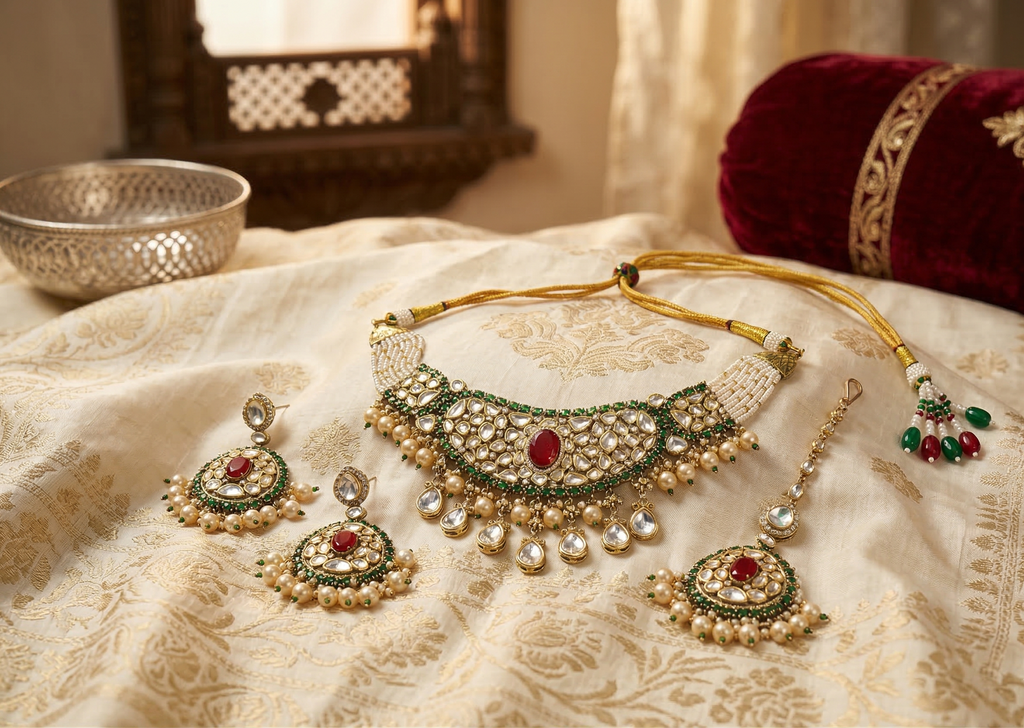 Traditional Kundan Choker Necklace Set with Earrings & Maang Tikka for Women | Bridal Jewellery Set with Pearl Drops | Wedding & Festive Wear