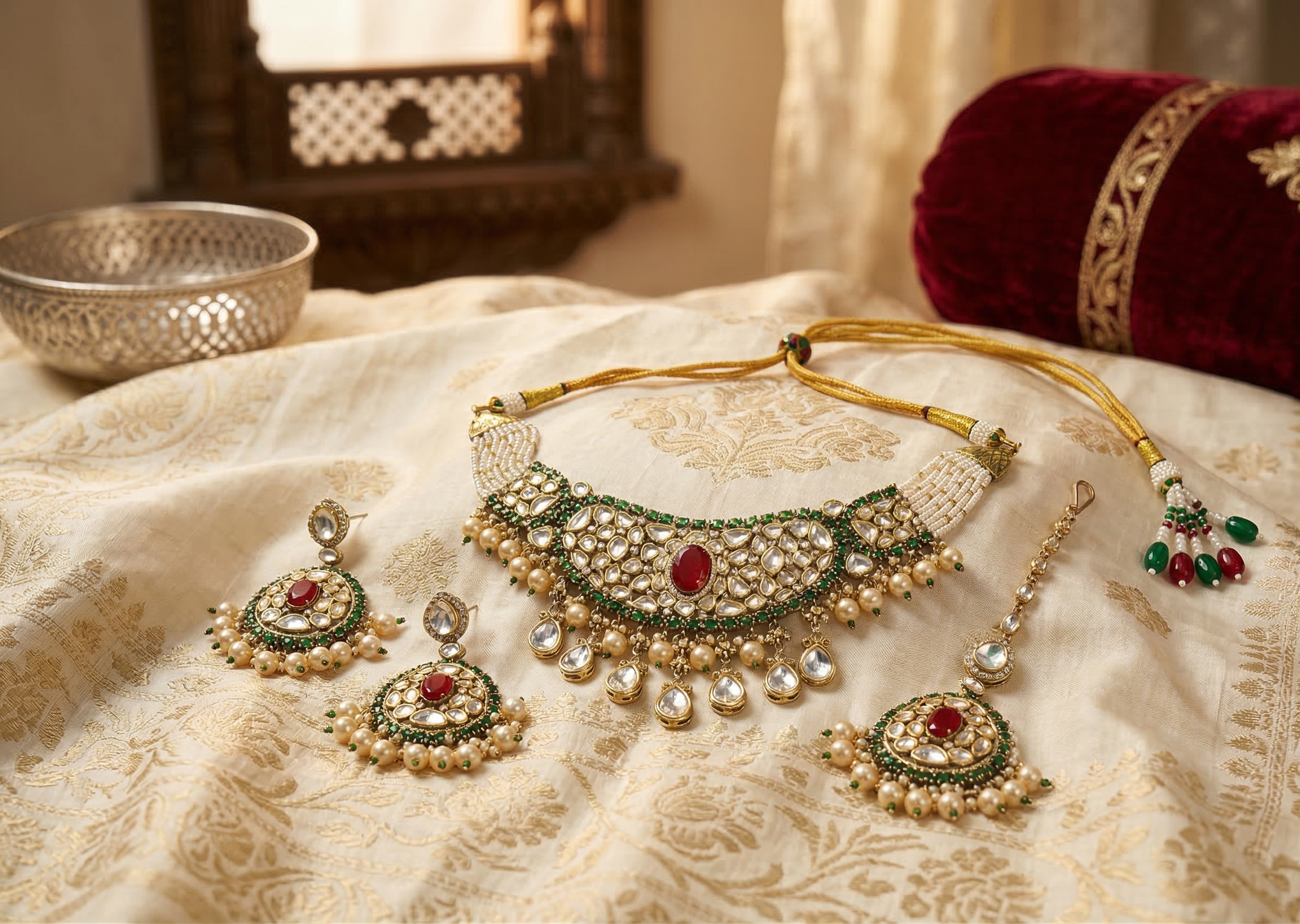 Traditional Kundan Choker Necklace Set with Earrings & Maang Tikka for Women | Bridal Jewellery Set with Pearl Drops | Wedding & Festive Wear