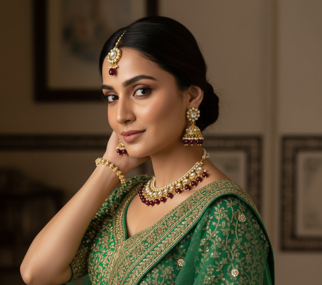 Kundan Choker Necklace Set for Women with Jhumka Earrings & Maang Tikka | Bridal Jewellery Set with Maroon Beads & Pearl Detailing | Wedding & Festival Wear