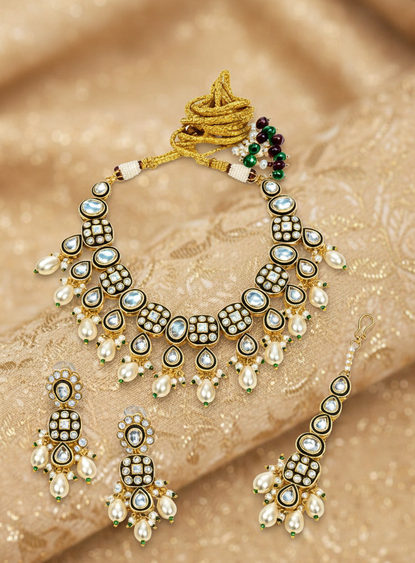 Kundan Bridal Jewellery Set for Women – Necklace, Earrings & Maang Tikka | Pearl & Stone Studded Wedding Wear Set | Premium Gold-Plated Indian Ethnic Jewellery