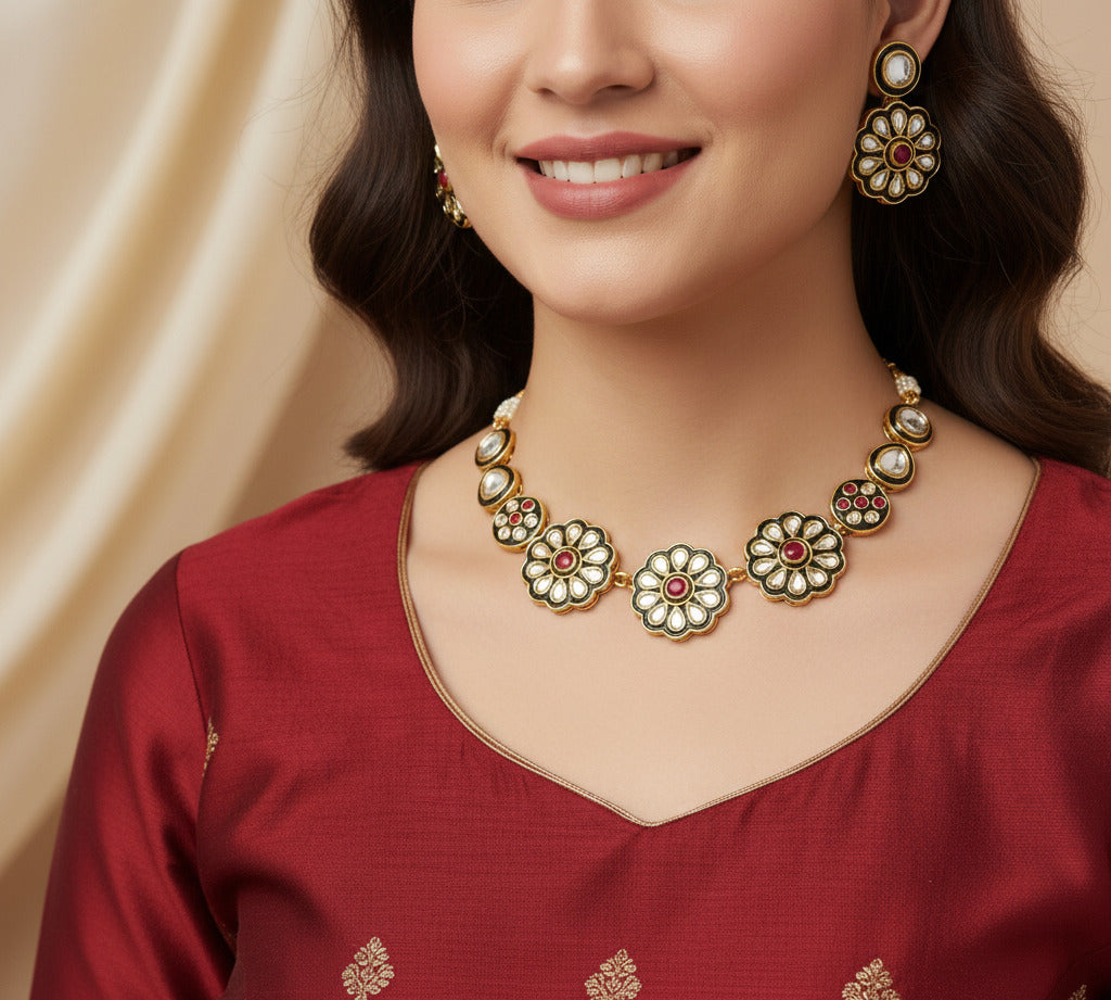 Handcrafted Floral Design Kundan Jewellery Set for Women &amp; Girls