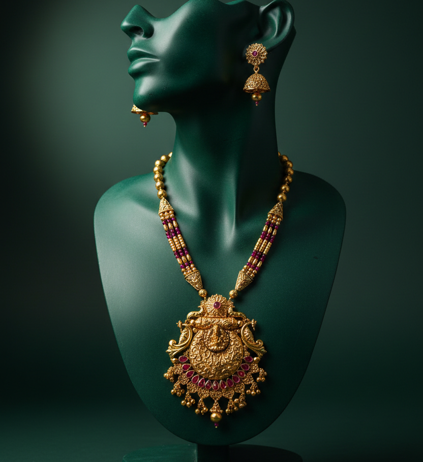 Antique Gold Plated Traditional Indian Necklace Set with Jhumka Earrings | Temple Design | Wedding & Festive Jewellery for Women