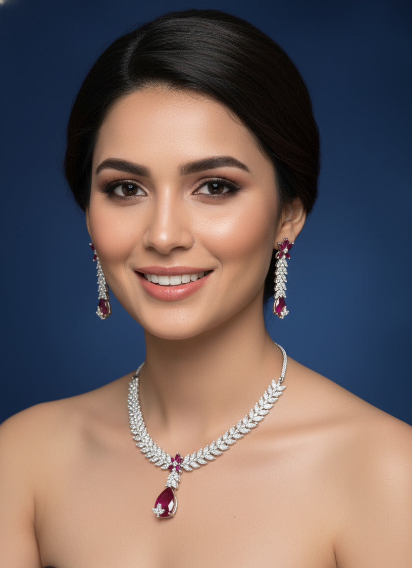 Silver-Plated Necklace and Earrings Set with Ruby Red Stones & CZ Diamonds – Bridal Jewelry Set for Weddings, Parties & Festive Occasions