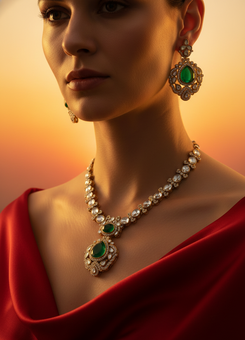 Traditional Kundan Green Stone Necklace Set with Matching Earrings | Adjustable Dori | Ethnic Indian Jewellery for Women