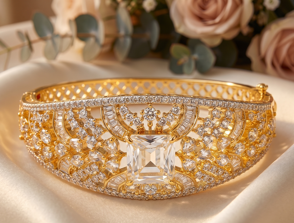 Luxury Gold-Plated American Diamond Kada Bracelet for Women | Designer Statement Bangle with Center Stone | Bridal & Party Wear Jewellery