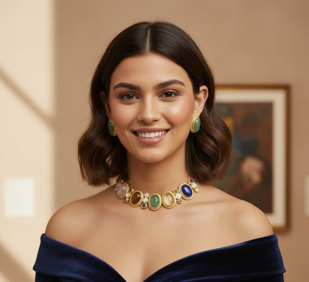 Multicolor Gemstone Gold-Plated Necklace & Earrings Set