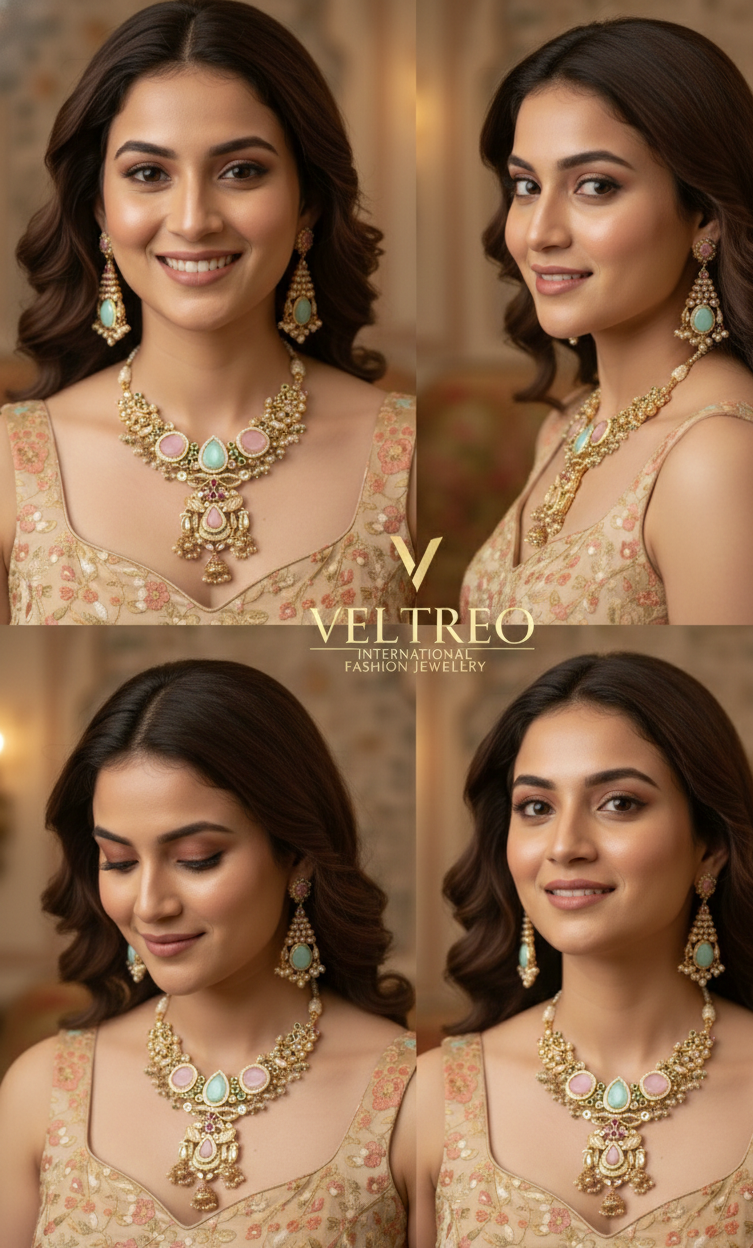 Traditional Gold-Tone Kundan Necklace Set with Pastel Stones & Pearl Drop Earrings for Women