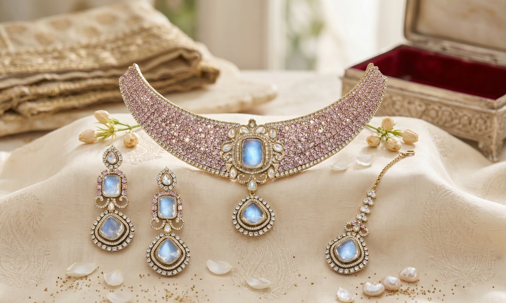 Pink Stone Bridal Choker Necklace Set for Women with Earrings & Maang Tikka | Wedding Party Traditional Jewellery Set | Gold Plated Statement Choker Set
