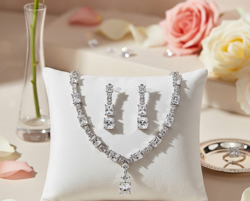 Elegant Silver Plated Necklace and Earring Set for Women | Cubic Zirconia Square Cut Bridal Jewelry Set | Wedding, Party & Special Occasion Gift Set