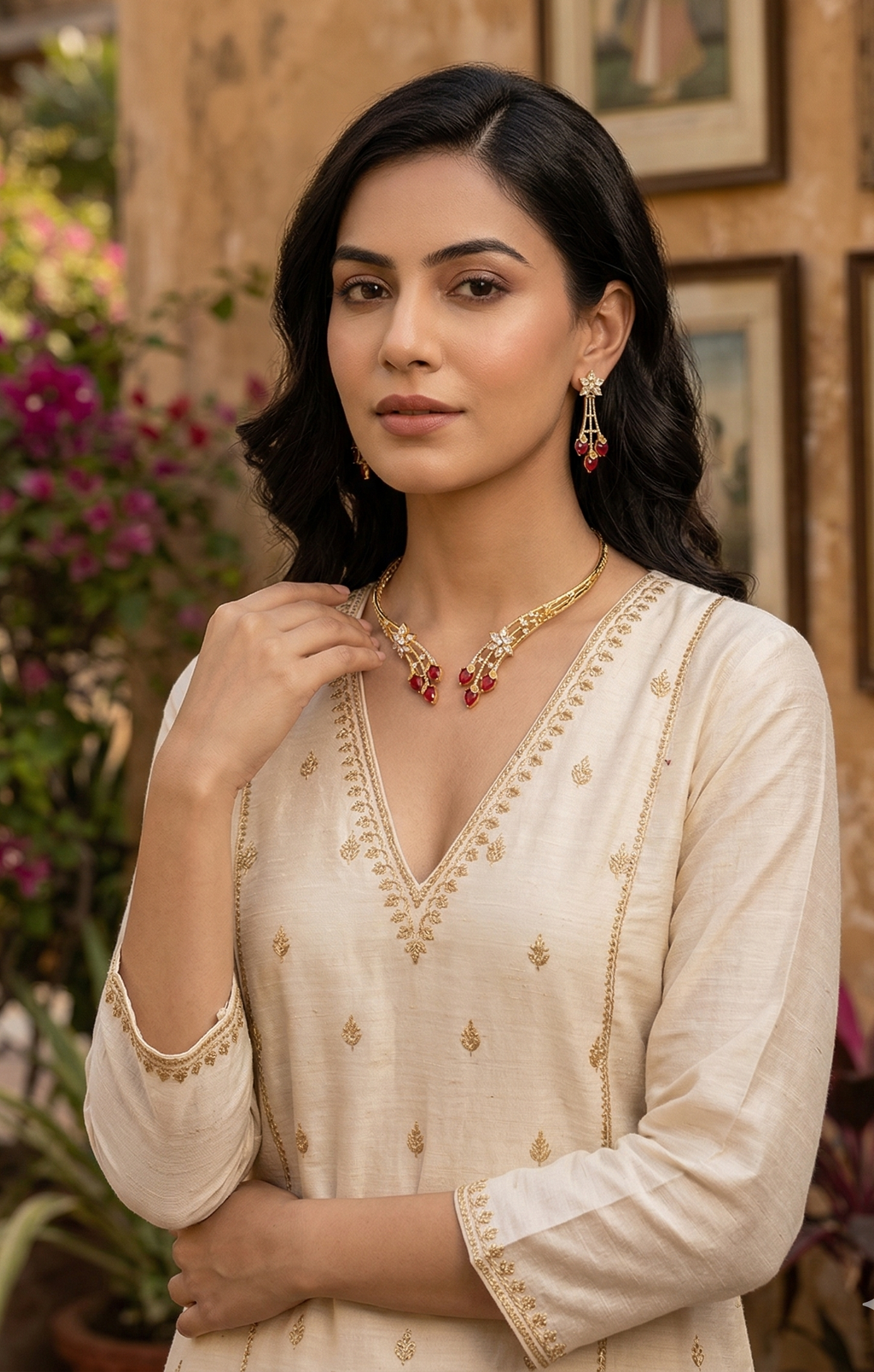 Gold-Plated Red Stone Choker Necklace Set for Women | Designer Bridal Jewelry Set with Matching Earrings | Traditional Wedding & Party Wear