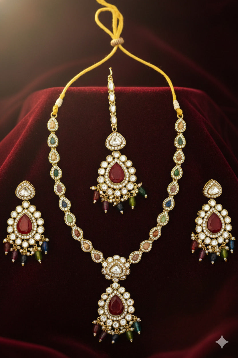 Traditional Gold Plated Kundan Necklace Set with Multicolour Beads | Bridal & Festive Jewelry Set for Women