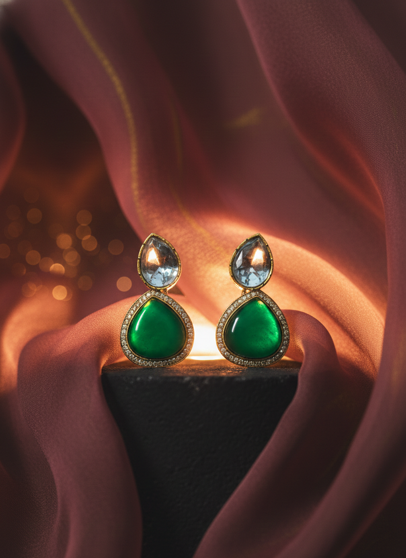 Teardrop Green Stone & Blue Crystal Gold-Plated Stud Earrings for Women