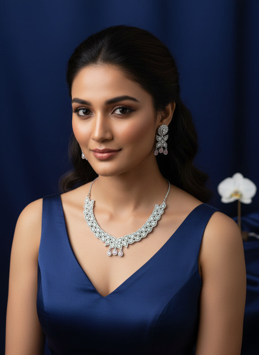 Veltreo International Elegant Rhodium Plated Necklace and Earring Set for Women & Girls | Premium American Diamond Jewellery with Pink Stone